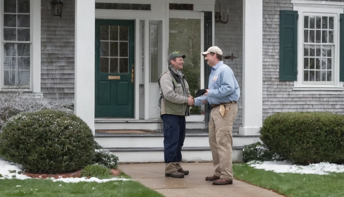 Homeowner talking with a pest control provider at the front door of a house in California